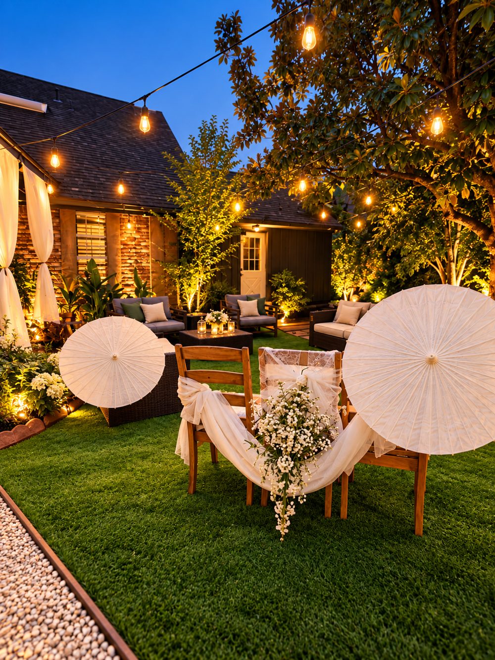 Sweetheart chairs in the garden draped in ivory chiffon with a cascade of baby's breath, framed by white paper parasols under string lights.