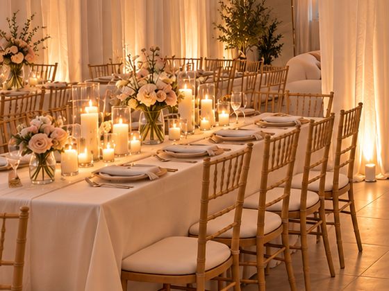 Candlelit long table with blush roses and soft oak chiavari chairs.