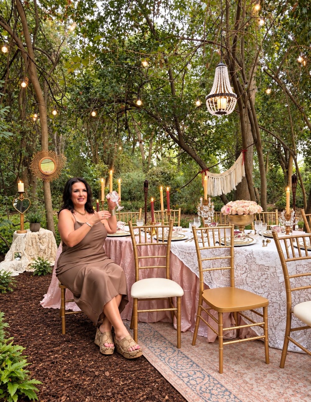 An outdoor tablescape under the trees with a beaded chandelier, gold chiavari chairs, blush and lace linens, taper candles, and pink roses.