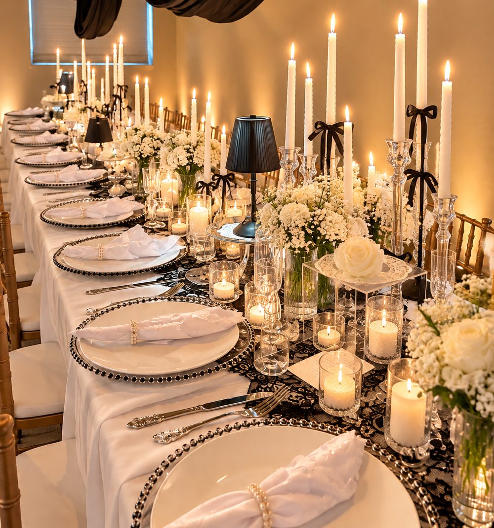 A long banquet table in black and ivory: beaded chargers, white plates with pearl napkin rings, a black lace runner, taper candles tied with black bows, baby's breath, and white roses.