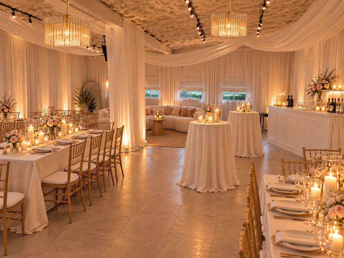 The Tilson House set for a shower: draped ivory walls, two glass chandeliers, candlelit long tables with soft oak chiavari chairs, a lounge, cocktail tables and a white bar.