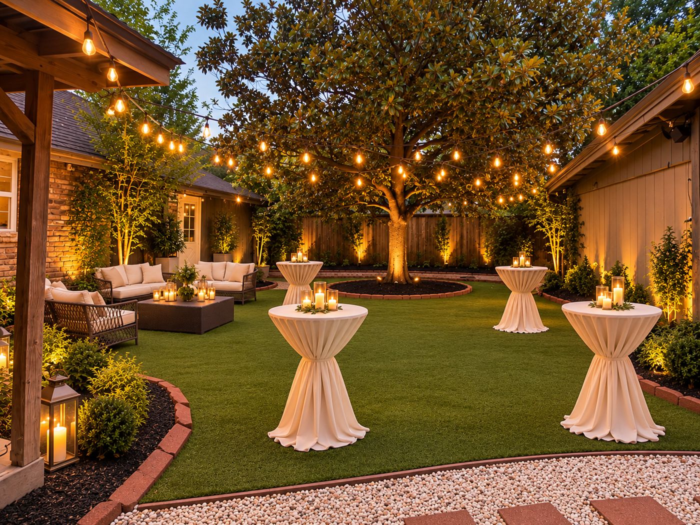 The Magnolia Garden at dusk: string lights under a magnolia tree, draped cocktail tables with candles, and outdoor lounge seating.